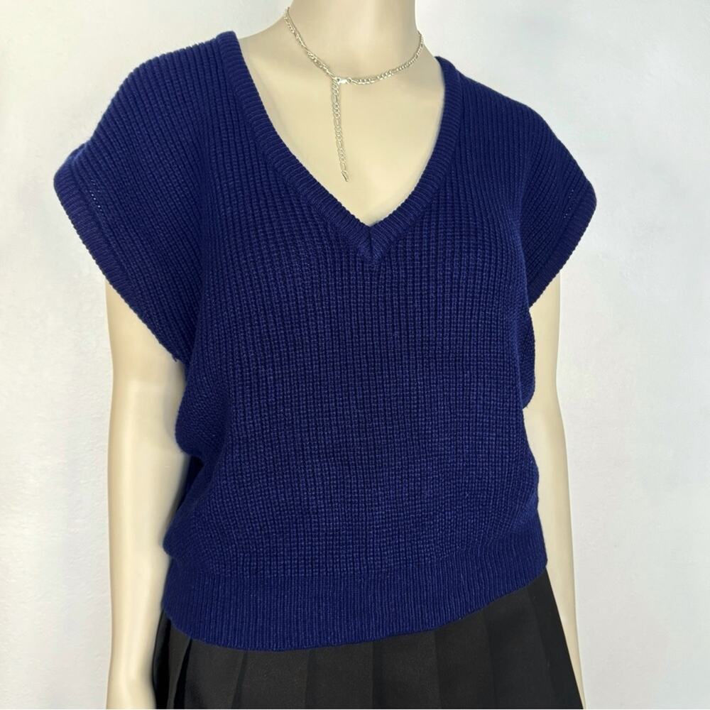 VINT 80s 90s Navy Blue Sweater Vest Sleeveless Knit Pullover Y2K Preppy Retro L